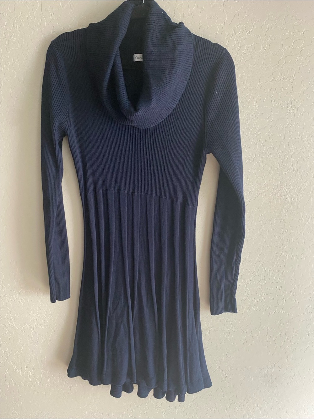Calvin Klein Navy Blue Ribbed Cowl Neck Fit & Flare Sweater Dress L
